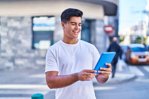 Young Hispanic Man Smiling Confident Using Touchpad Street — 图库照片