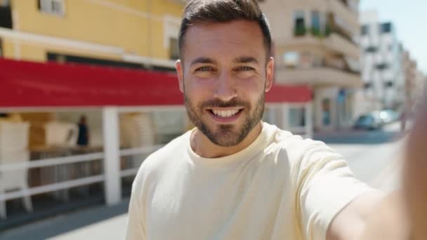 Young Hispanic Man Smiling Confident Having Video Call Street — Stock video