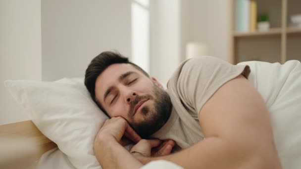 Young Hispanic Man Sleeping Bed Bedroom — Stok video