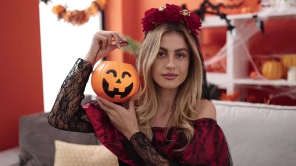 Young Blonde Woman Wearing Katrina Costume Holding Pumpkin Basket Home — Video Stock