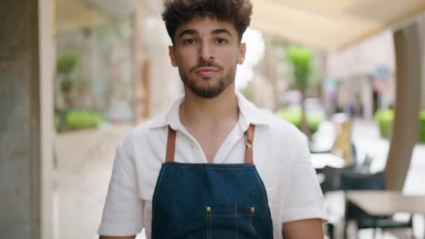 Young Arab Man Waiter Standing Arms Crossed Gesture Restaurant — Vídeo de Stock