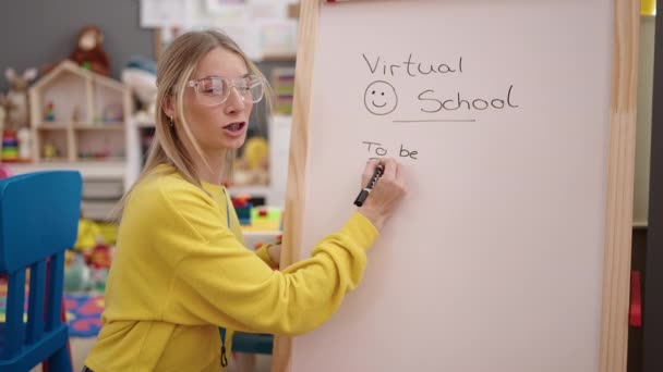 Young Blonde Woman Video Call Working Teacher Kindergarten — 图库视频影像