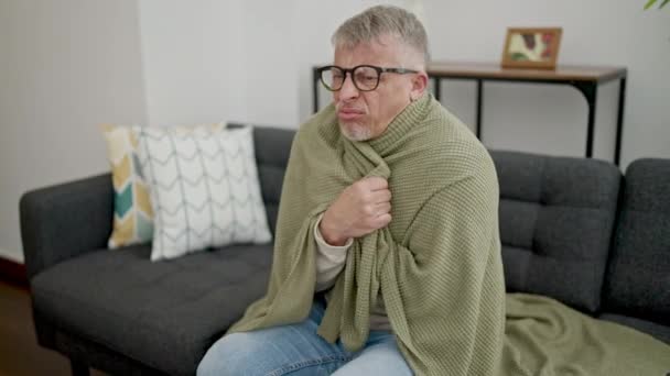 Middle Age Grey Haired Man Covering Blanket Cold Sitting Sofa — Stock Video