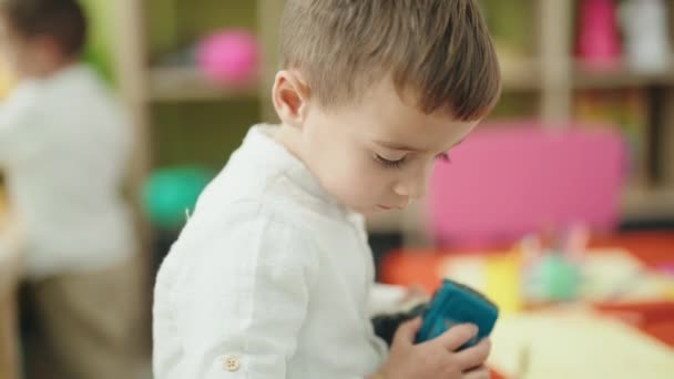 Adorable Caucasian Boy Playing Cars Kindergarten — Stockvideo
