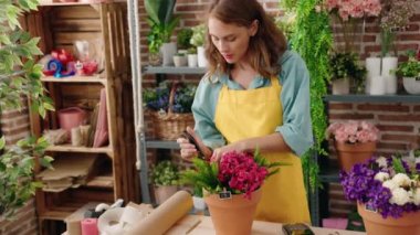 Young beautiful hispanic woman florist cutting plants at florist