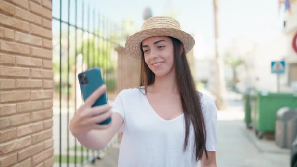 Young Hispanic Woman Tourist Smiling Confident Making Selfie Smartphone Street — Wideo stockowe