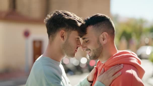 Young Hispanic Couple Smiling Confident Hugging Each Other Standing Street — Video