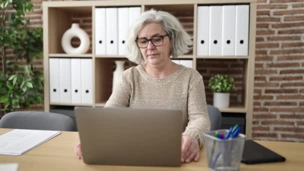 Middle Age Woman Grey Hair Business Worker Using Laptop Working — Vídeo de Stock