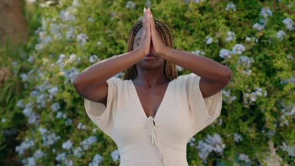 Afrikansk Amerikansk Kvinna Som Motionerar Yoga Parken — Stockvideo