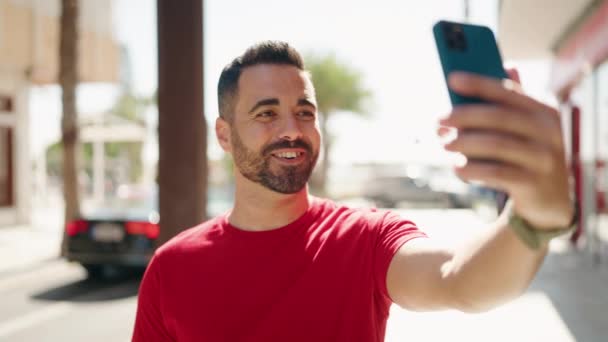 Young Hispanic Man Smiling Confident Having Video Call Street — 图库视频影像