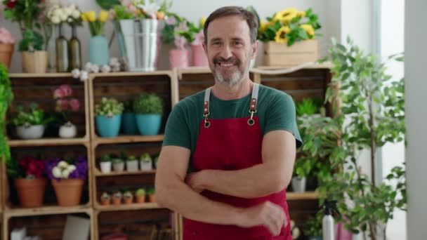 Middle Age Man Florist Smiling Confident Standing Arms Crossed Gesture — Stockvideo