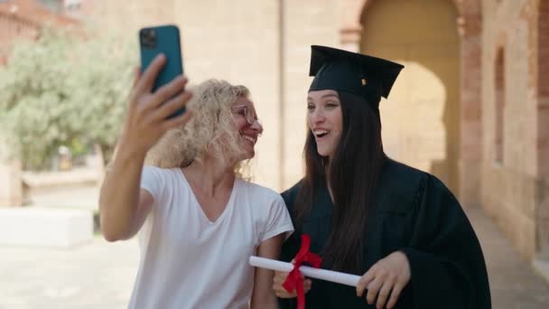 Two Women Mother Graduated Daughter Having Video Call Campus University — Stockvideo