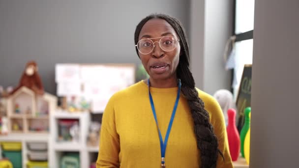 African Woman Working Teacher Speaking Kindergarten — Stock Video