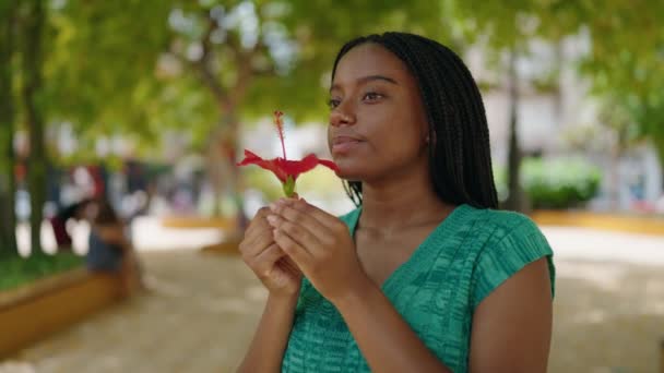 Femeie Afro Americană Zâmbind Încrezătoare Purtând Floare Ureche Parc — Videoclip de stoc