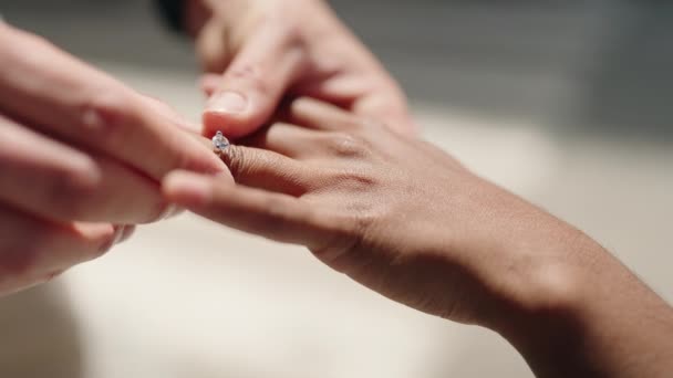 Man Woman Interracial Couple Hands Together Showing Egagement Ring Street — Stock videók