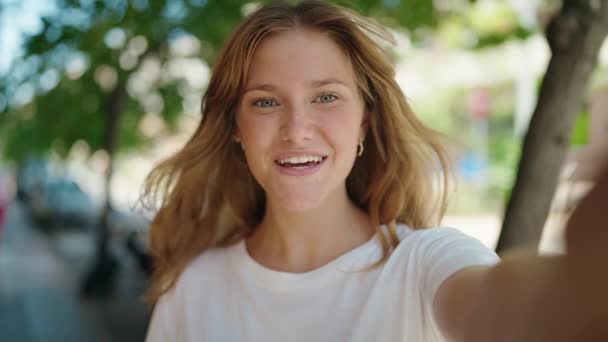 Young Blonde Girl Smiling Confident Having Video Call Street — Vídeo de stock