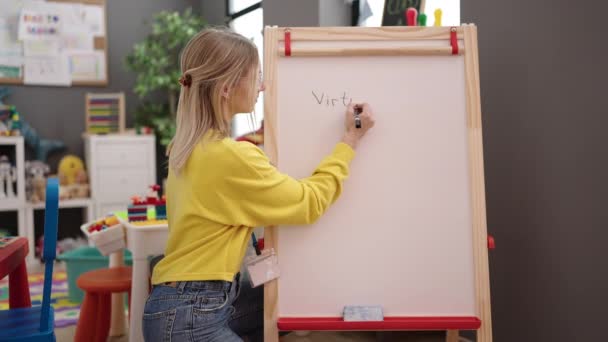 Young Blonde Woman Video Call Working Teacher Kindergarten — Stock Video