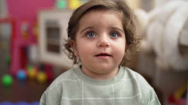 Adorable Hispanic Girl Smiling Confident Sitting Floor Kindergarten — Stock videók