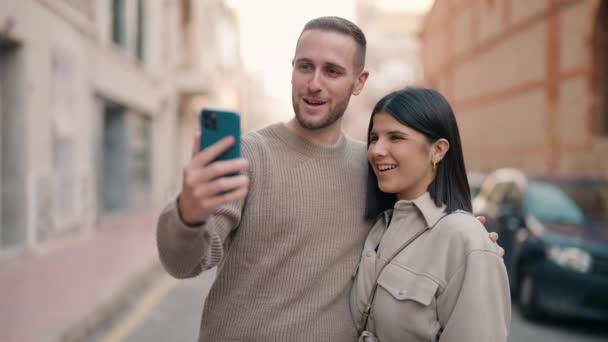 Young Couple Smiling Confident Having Video Call Street — Stock video