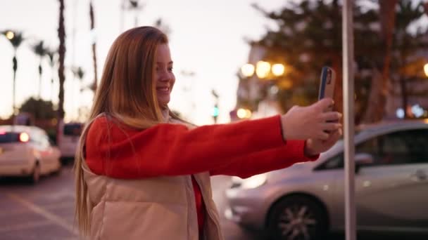 Young Blonde Woman Smiling Confident Making Selfie Smartphone Street — Stockvideo