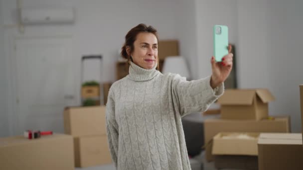Middle Age Woman Having Video Call Holding Key House New — Stock Video