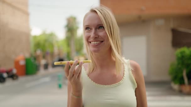 Young Blonde Woman Smiling Confident Talking Smartphone Street — Αρχείο Βίντεο