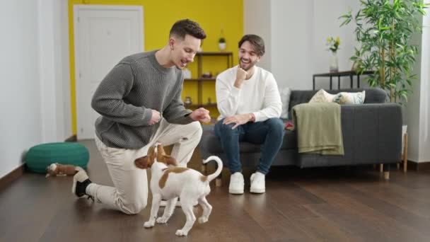 Dwóch Mężczyzn Para Pies Treningowy Domu — Wideo stockowe