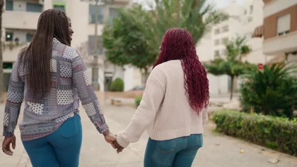 Two African American Women Speaking Walking Hands Together Park — Stock Video