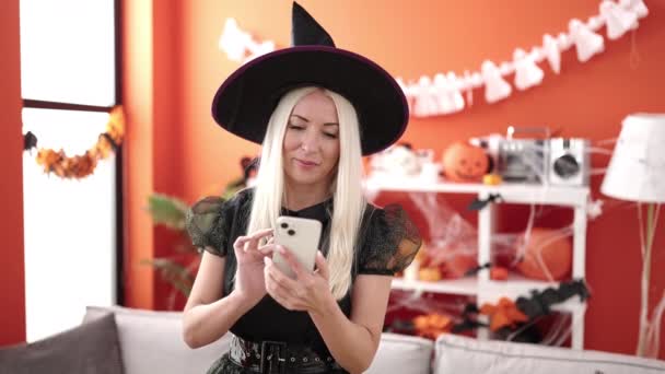 Young Blonde Woman Make Selfie Smartphone Having Halloween Party Home — Stock video