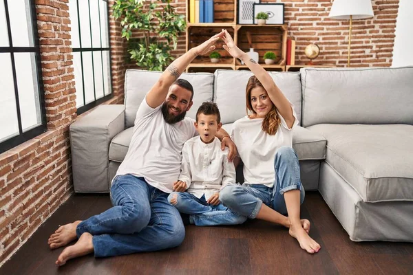 Family Three Doing House Shape Arms Scared Amazed Open Mouth — Stock Photo, Image