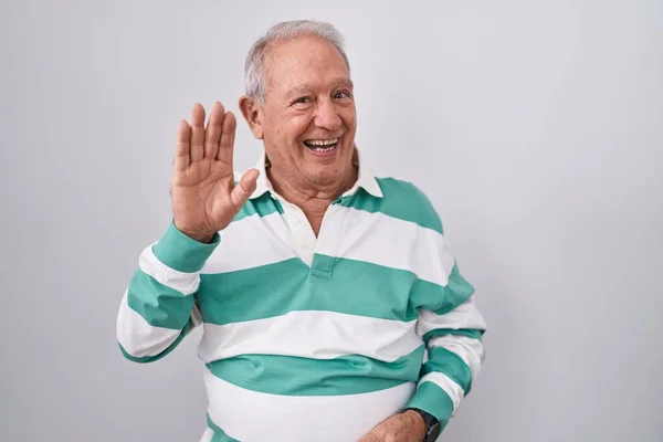 Senior Man Grey Hair Standing White Background Waiving Saying Hello — Stock Photo, Image