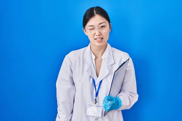 Chinese Young Woman Working Scientist Laboratory Winking Looking Camera Sexy — Stock Photo, Image