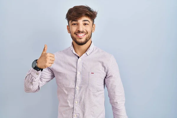 Arab Man Beard Standing Blue Background Doing Happy Thumbs Gesture — Φωτογραφία Αρχείου