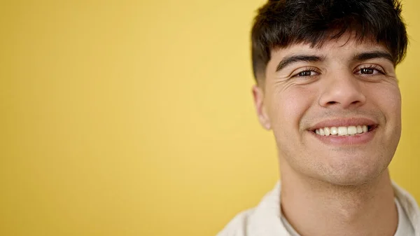 Young Hispanic Man Smiling Confident Standing Isolated Yellow Background — Fotografia de Stock