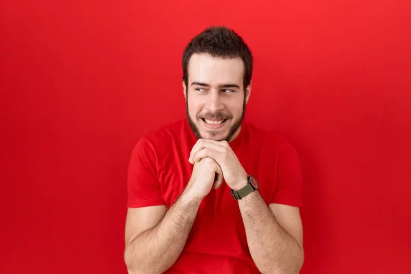 Young Hispanic Man Wearing Casual Red Shirt Laughing Nervous Excited — Stock Photo, Image