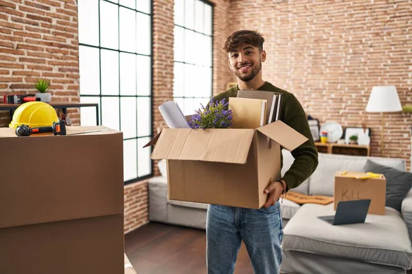 Young Arab Man Smiling Confident Holding Package New Home — Stok fotoğraf