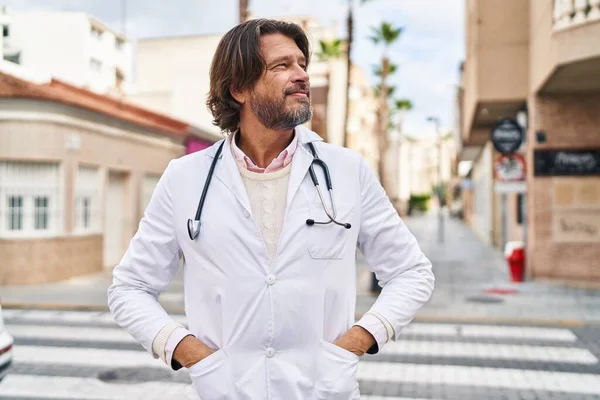 Middle Age Man Doctor Smiling Confident Standing Street — Stock Photo, Image