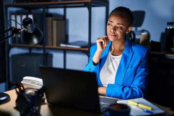 Beautiful African American Woman Working Office Night Hand Chin Thinking — Stock Photo, Image