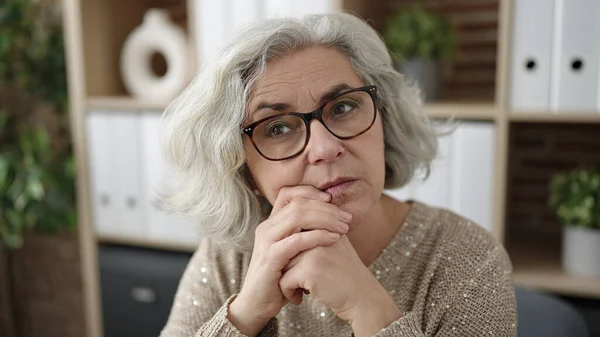 Middle Age Woman Grey Hair Business Worker Sitting Doubt Expression — Stock Photo, Image