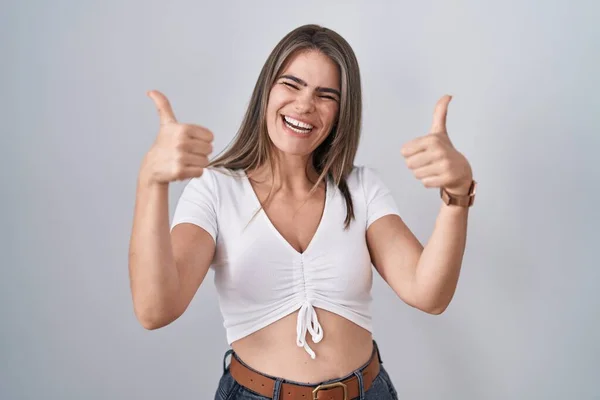 Young Beautiful Woman Wearing Casual White Shirt Success Sign Doing — Stock Photo, Image