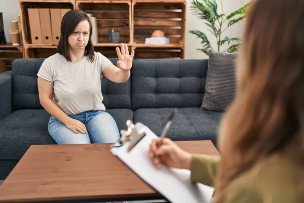 Hispanic Girl Syndrome Doing Therapy Doing Stop Sing Palm Hand — Stock Photo, Image