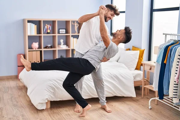 Young Couple Smiling Confident Dancing Bedrooom — Stockfoto