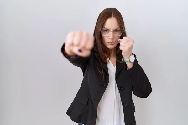 Beautiful Brunette Woman Wearing Business Jacket Glasses Punching Fist Fight — Stock Photo, Image