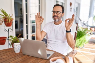 Orta yaşlı bir adam evde bilgisayar kullanıyor rahatlamış ve parmaklarıyla meditasyon hareketi yaparken gözleri kapalı gülümsüyor. yoga konsepti. 