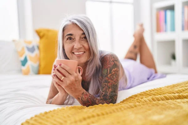 Middle Age Grey Haired Woman Drinking Cup Coffee Lying Bed — Fotografia de Stock