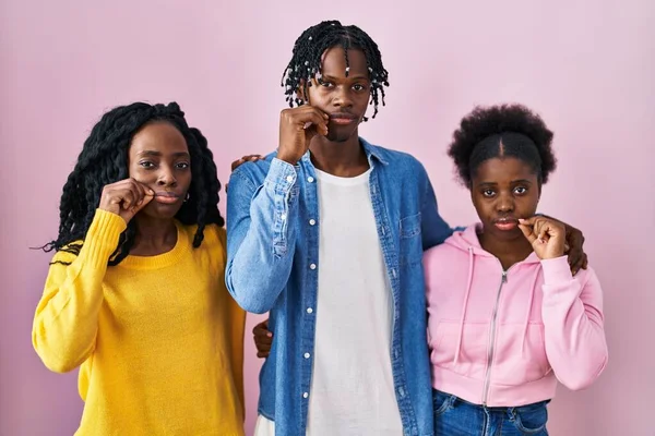 Group Three Young Black People Standing Together Pink Background Mouth — Stock Photo, Image