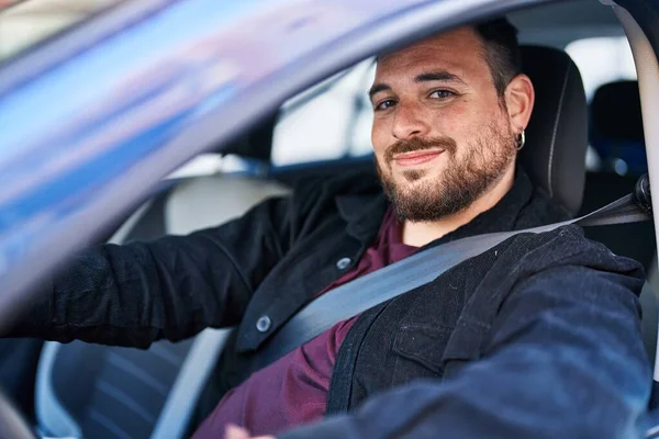 Young Hispanic Man Smiling Confident Driving Car Street — ストック写真