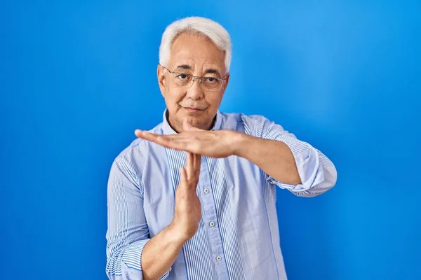 Hispanic Senior Man Wearing Glasses Doing Time Out Gesture Hands — Stock Photo, Image
