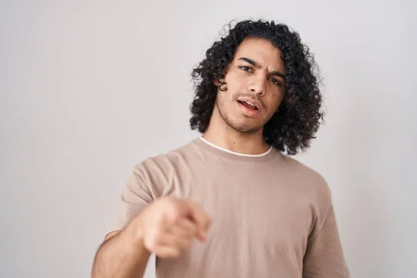 Hispanic Man Curly Hair Standing White Background Pointing Displeased Frustrated — Stock Photo, Image