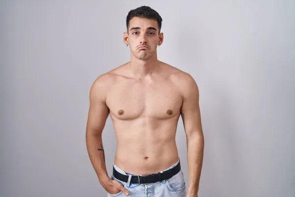 Handsome Hispanic Man Standing Shirtless Depressed Worry Distress Crying Angry — Stockfoto